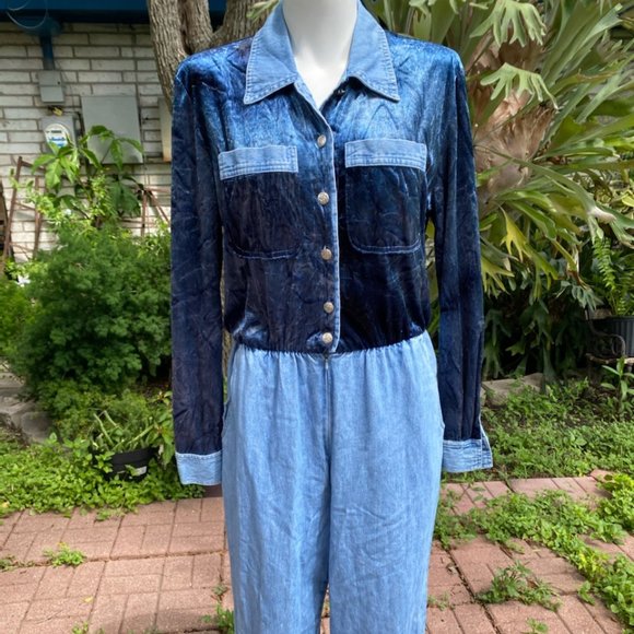 Vintage d. Frank Blue Velour and Denim Jumpsuit - Picture 1 of 12
